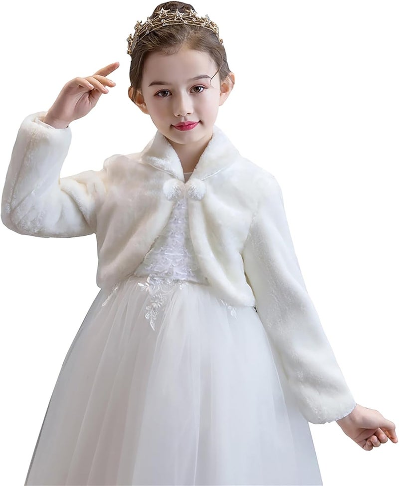Momooda Girl's Faux Fur Long Sleeve Flower Girls Bolero Shrug Cape Jackets for Wedding - Image 1